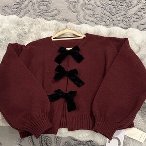 Commense Burgundy Cardigan with Black velvet bow Accents
